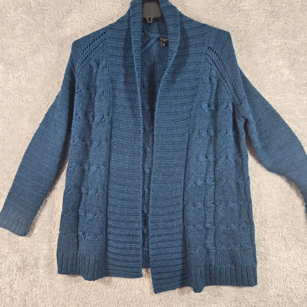 Talbots Petites Teal Blue Cable Knit Open Front Cardigan Sweater Wool Blend SP